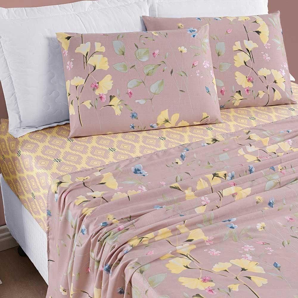 Jogo De Cama Lençol Dallas Casal Padrão Microfibra 4 Peças - Rosê Lavanda Floral