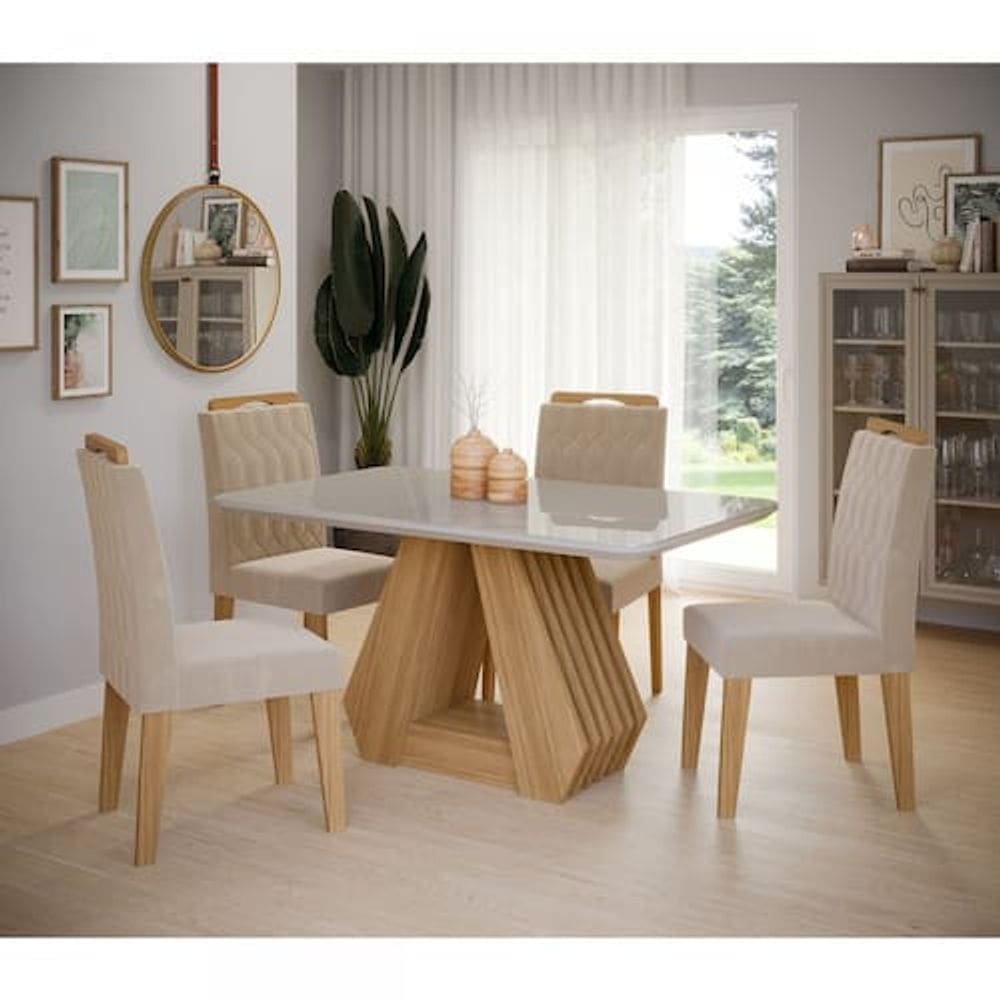 Conjunto Sala de Jantar Mesa Tampo de Vidro/MDF Agata e 4 Cadeiras Paola Cimol Nature/Off White/Nude - Marrom