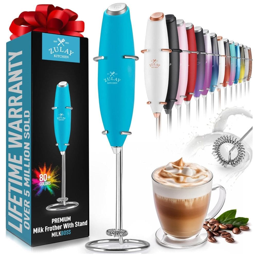 Mixer Espumador de Leite á Bateria, Aço Inoxidável, Metálico, ZULAY KITCHEN Classic Milk Boss Frother, Azul celeste