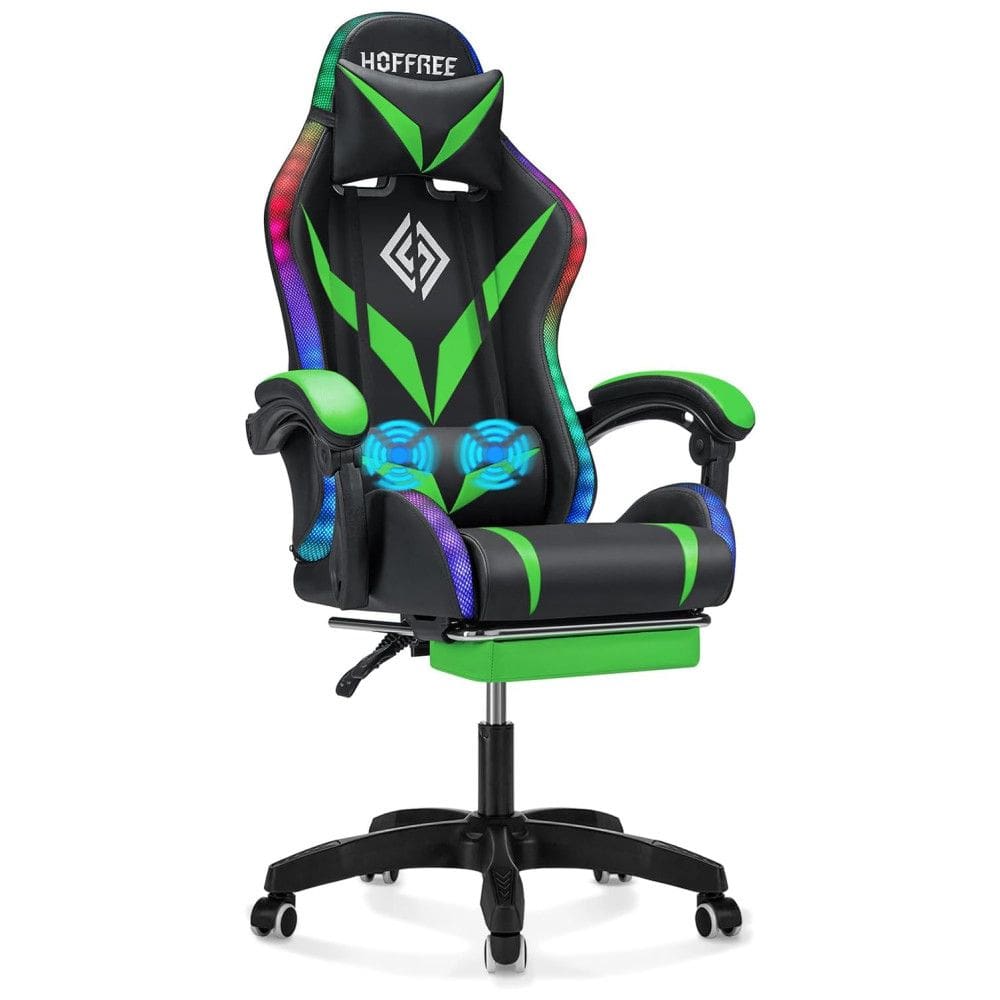 Geepro Gaming Chair with Massage and LED RGB Lights Ergonomic Computer Chair with Footrest High Back Video Game Chair with Adjustable Lumbar