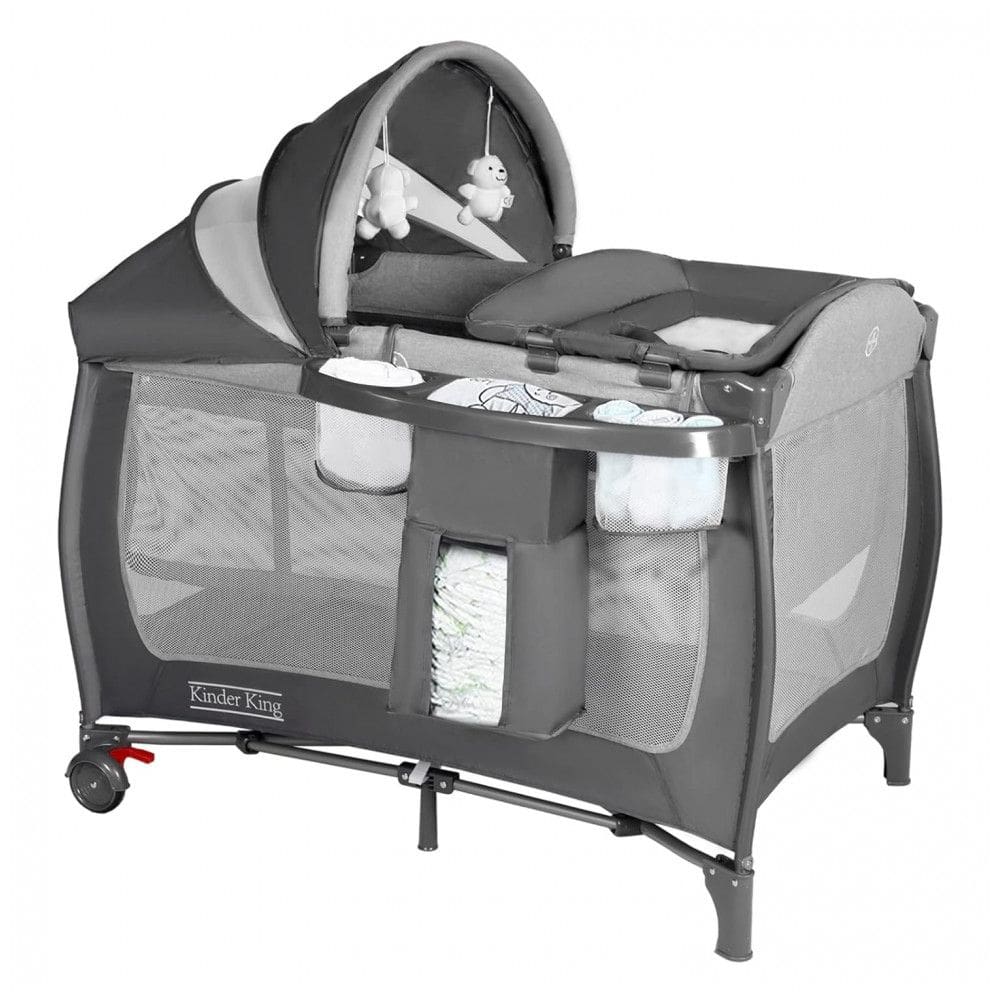 Berço Cercado Portátil 4 em 1 com Trocador para Recém Nascidos, Dossel Ajustável e Bolsa de Viagem, Kinder King, Cinza