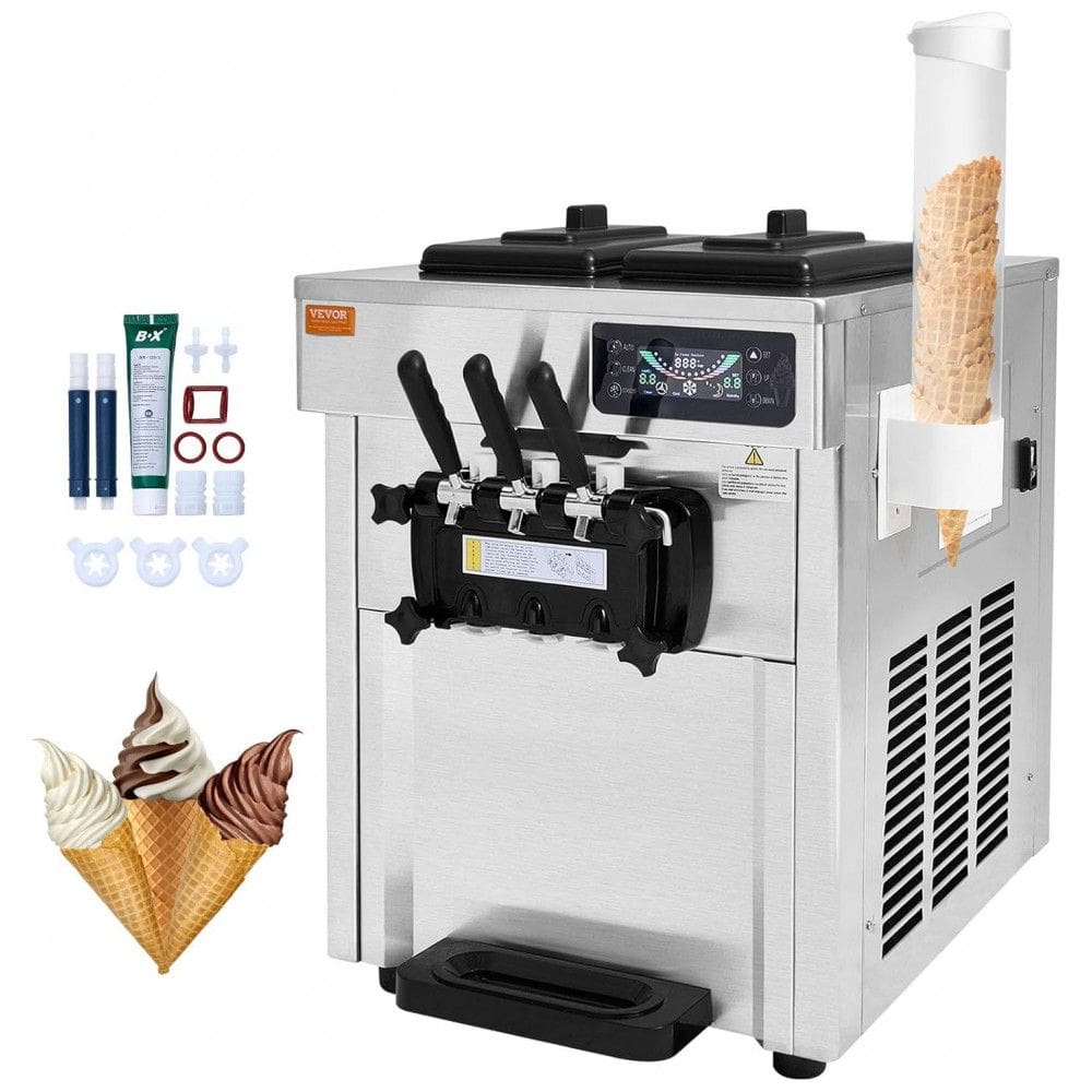 Máquina de Sorvete Soft Comercial VEVOR Prata 3 Sabores Alta Produção 18-28L/h 2x5,5L 1850W Modelo D520S