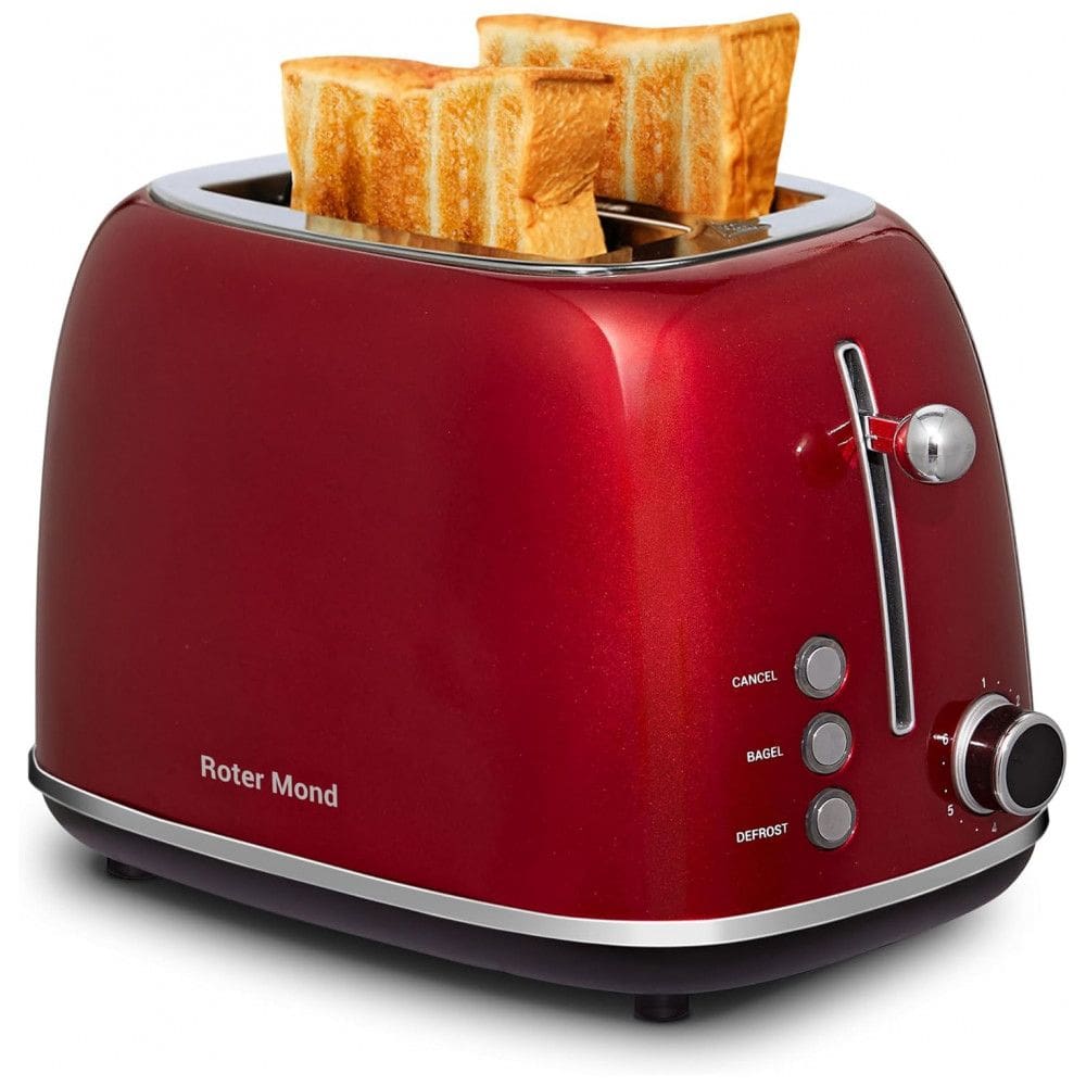Torradeira Roter Mond 2 Fatias Vermelha Retro Inox 6 Níveis Funções Bagel Descongelar Cancelar Slots Largos Bandeja Removível 110V
