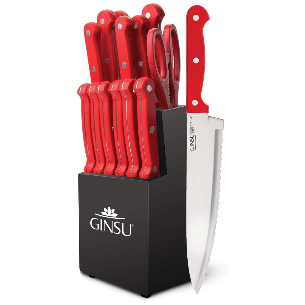 Conjunto de Facas em Aço Inoxidável com Bloco de Bancada, 14 Peças, Ginsu Kiso, Vermelho