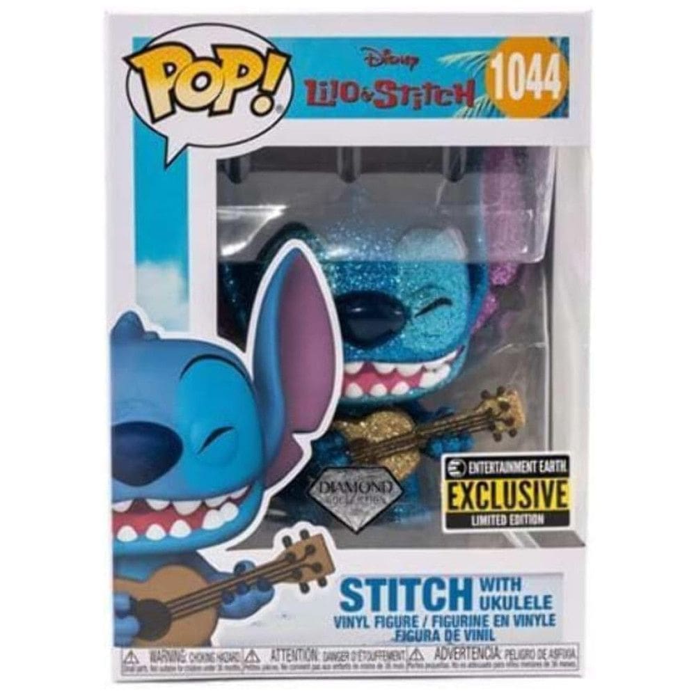 Brinquedo Stitch que Brilha com Decoração de Glitter de Diamante e Figura Colecionável Ukulele Diamond Glitter, Funko, Azul