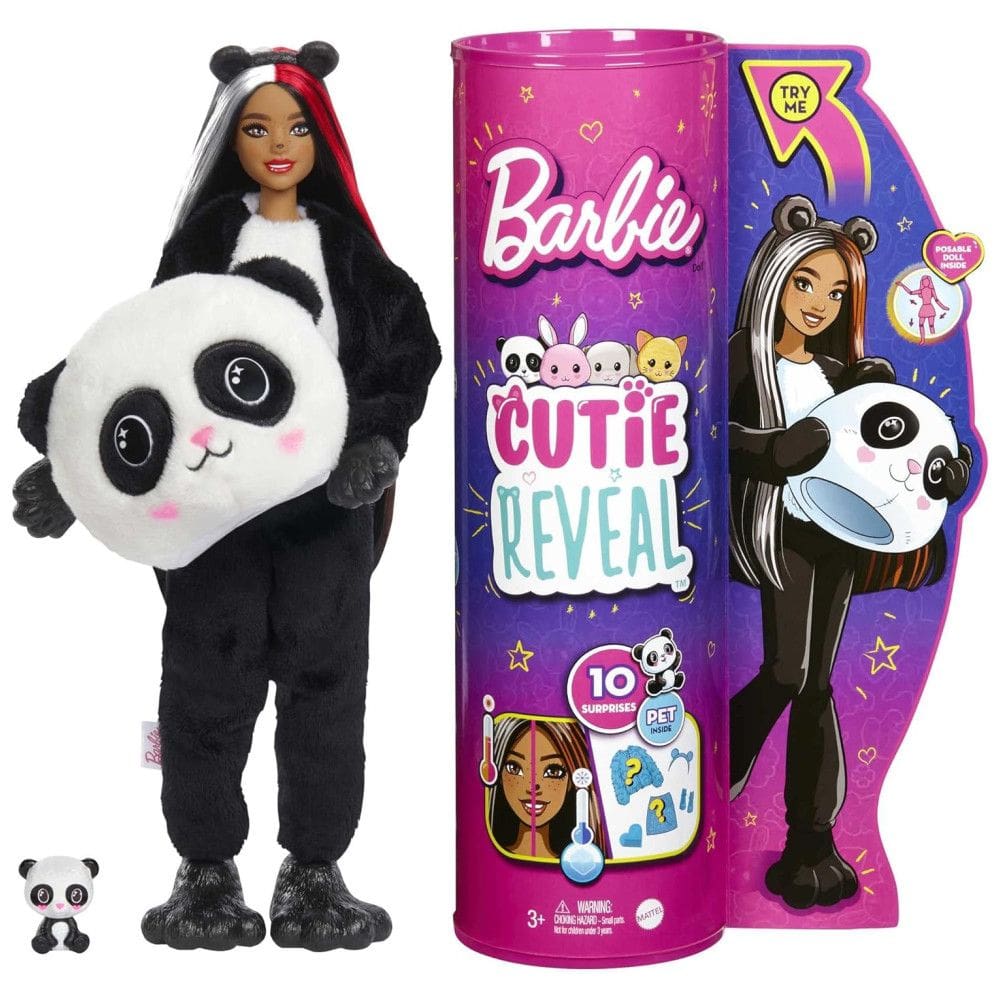 Cutie Revelação com Fantasia de Panda e 10 Surpresas Incluindo 1 Mini Pet com Mudança de Cor, BARBIE HHG22, Preto