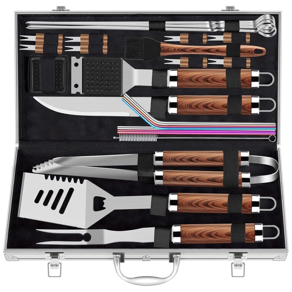 Kit Churrasco na Grelha 25 Peças de Aço Inoxidável e Escova de Limpeza com Estojo de zenamento, ROMANTICIST grill accessories, Marrom