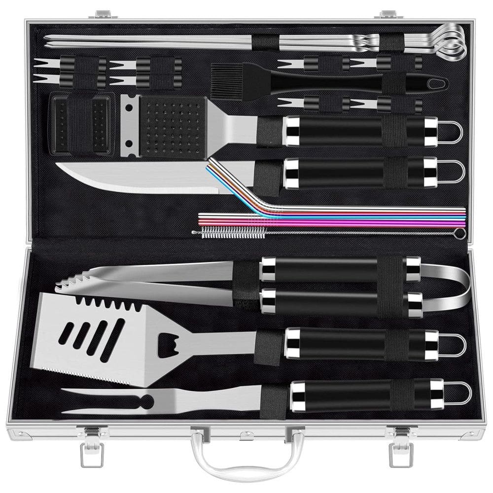 Kit Churrasco na Grelha 25 Peças de Aço Inoxidável e Escova de Limpeza com Estojo de zenamento, ROMANTICIST grill accessories, Prateado