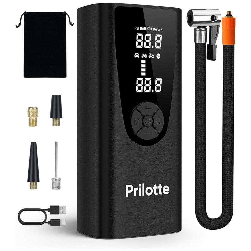 Compressor de Ar Portátil 150 PSI Recarregável com Medidor de Pressão e Luz de Emergência, 16V, Prilotte, Preto