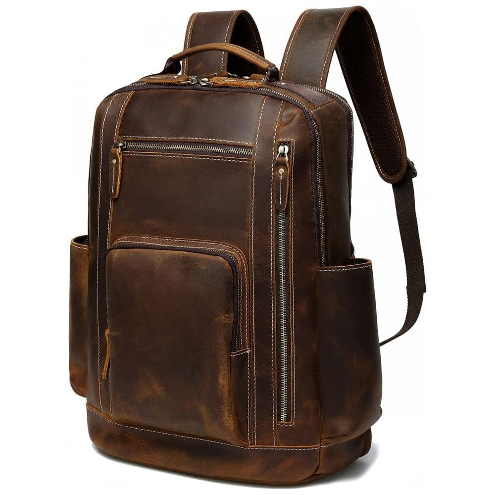 Mochila Masculina para Laptop 40cm 24L de Couro, LANNSYNE, Marrom