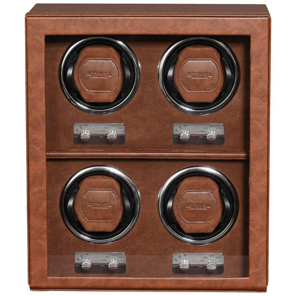 Caixa, Estojo de Couro Rotativo Automático para Relógios, 4 Lugares, ROTHWEL, Marrom