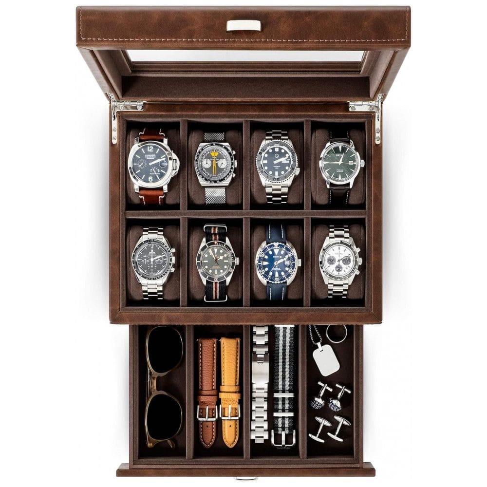 Caixa, Estojo de Couro para Relógios com 12 Compartimentos, TAWBURY, Marrom