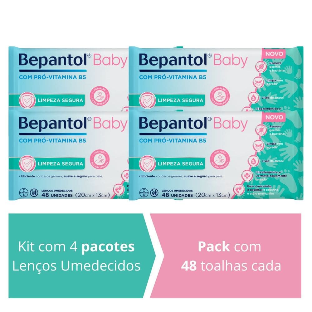 Kit 4 Lenços Umedecidos Proteção Antibac 48un cada Bepantol