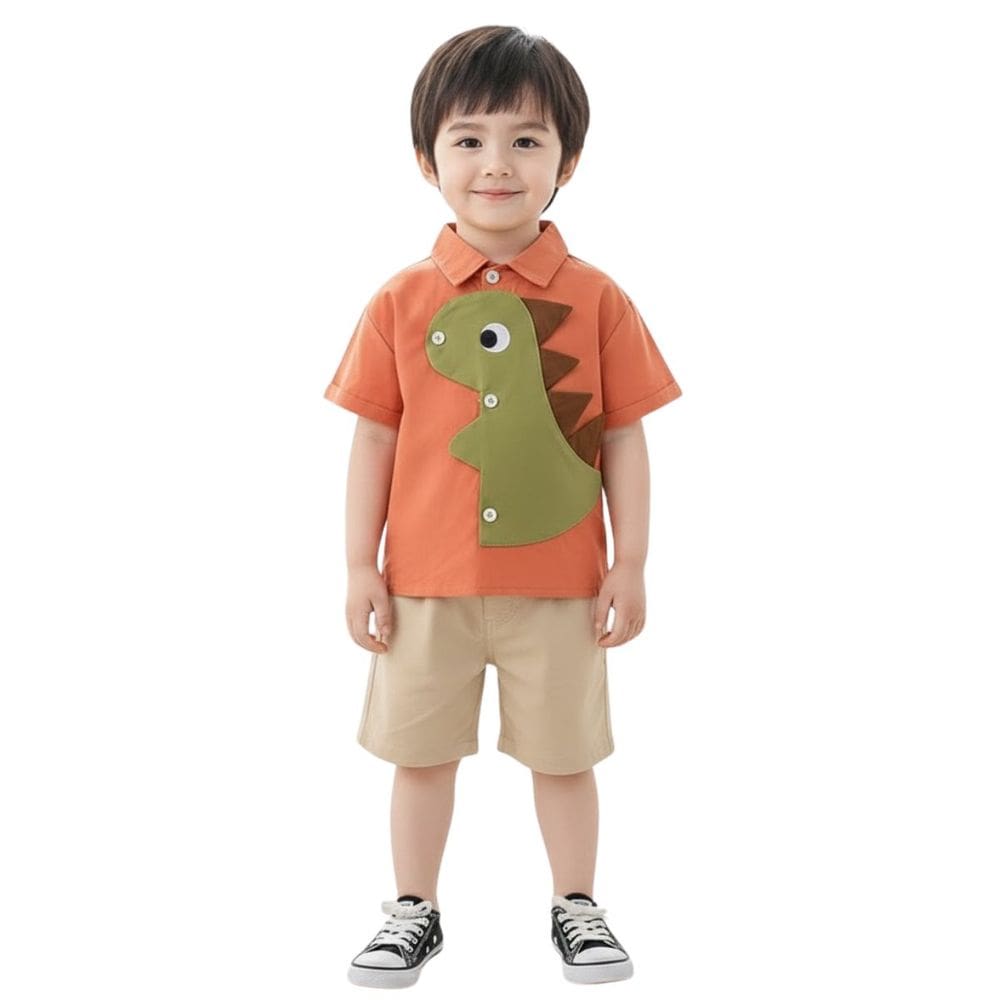 Conjunto Infantil Camisa Dinossauro e Bermuda Bege Menino