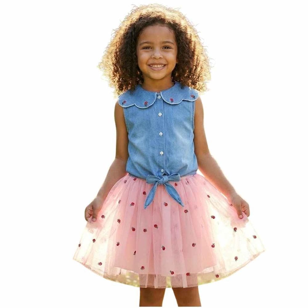 Vestido Infantil Com Corpo Jeans E Saia Em Tule Bordado