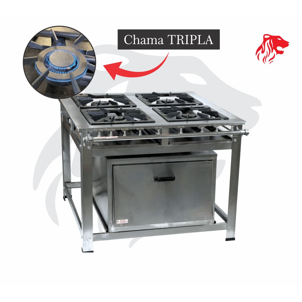 Fogão Industrial 4 Bocas QD P7 em Aço Inox com Forno Leona