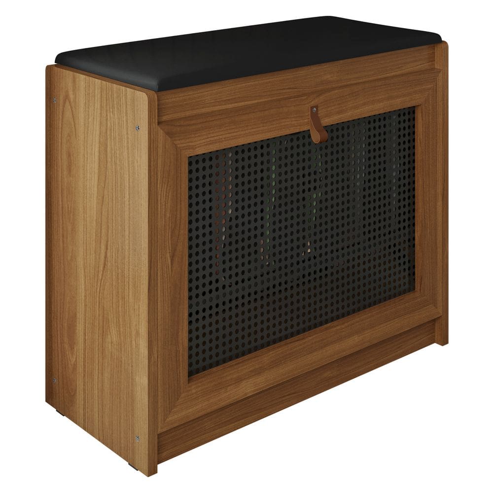 Sapateira Entrada com Banco Estofado Nature Preto Porta Ratan Madeira Maciça