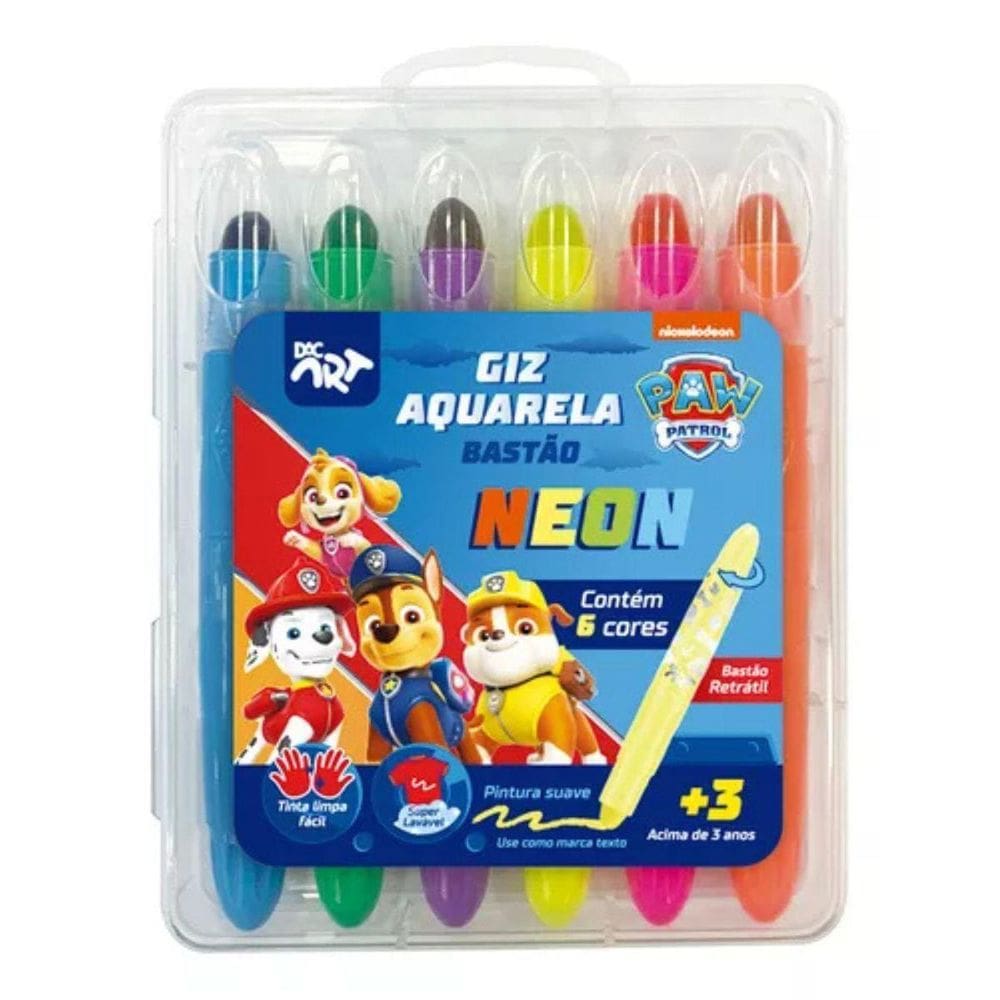 Giz De Cera Aquarela Neon Retrátil Patrulha Canina 6 Cores