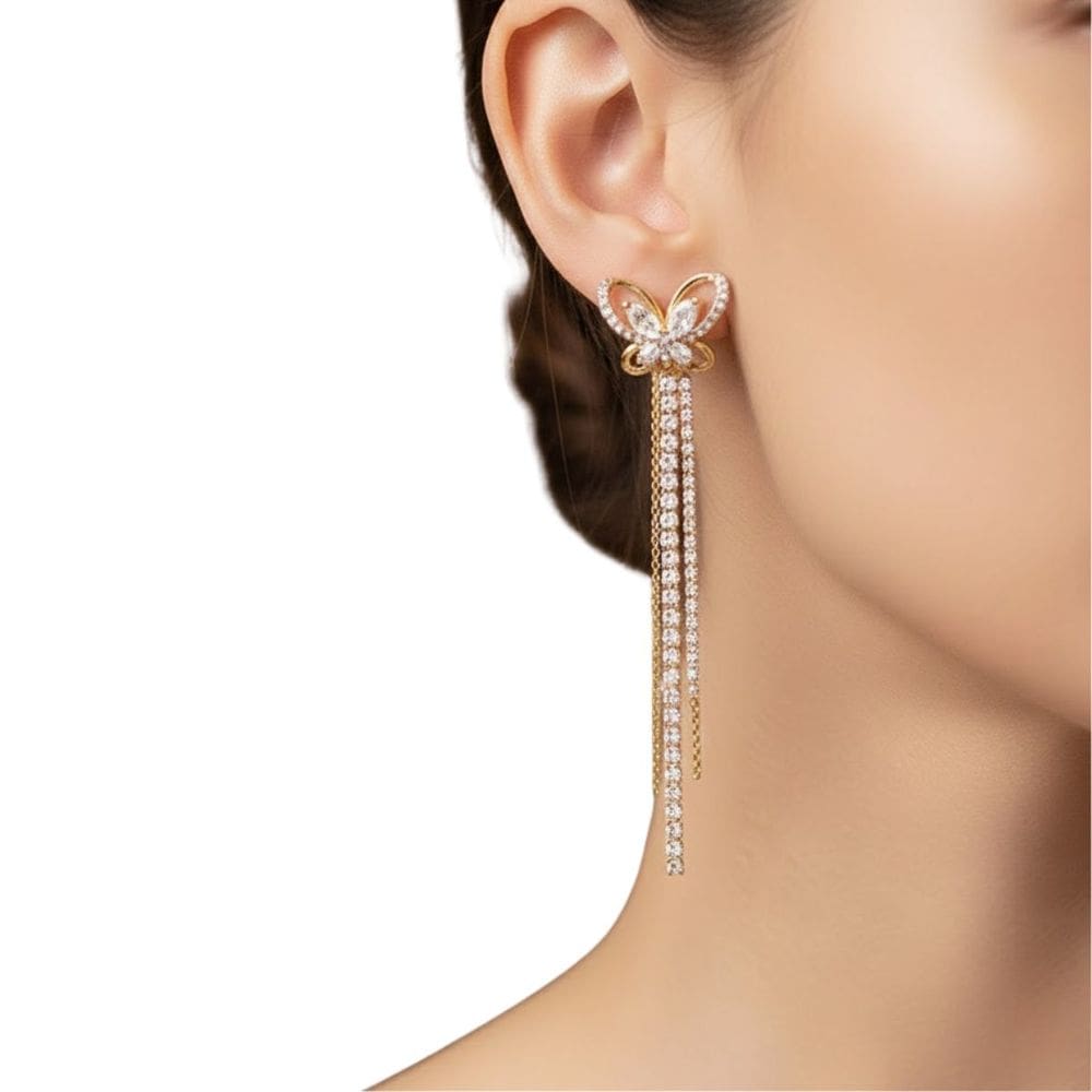 Brinco Dourado Borboleta Luxo com Strass Longo Luxo Festa