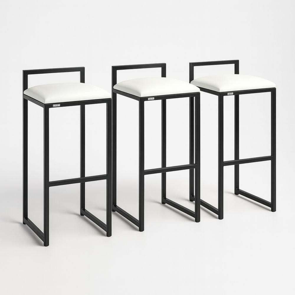 Kit 3 Banquetas Corino Ferro Cozinha Balcão Alta Bistro Branco