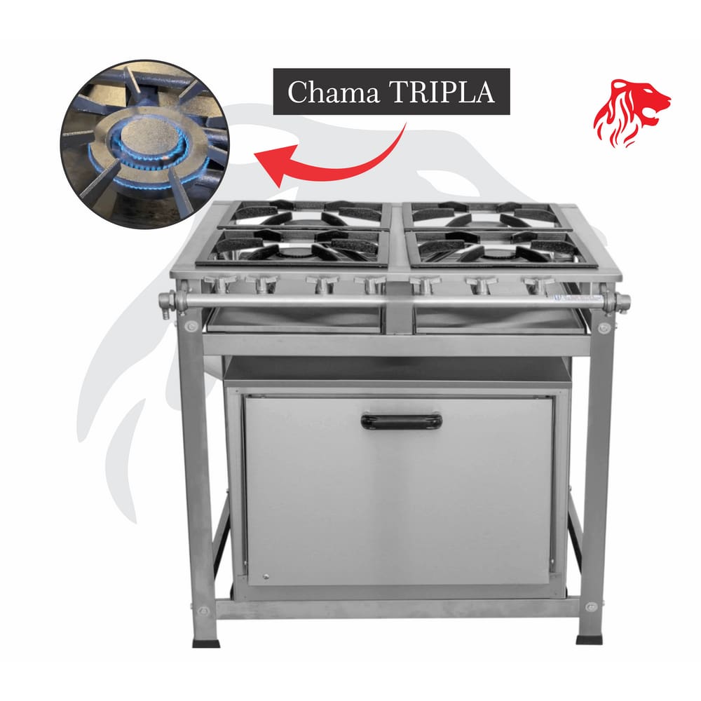Fogão Industrial 4 Bocas P8 em Aço Inox com Forno Leona