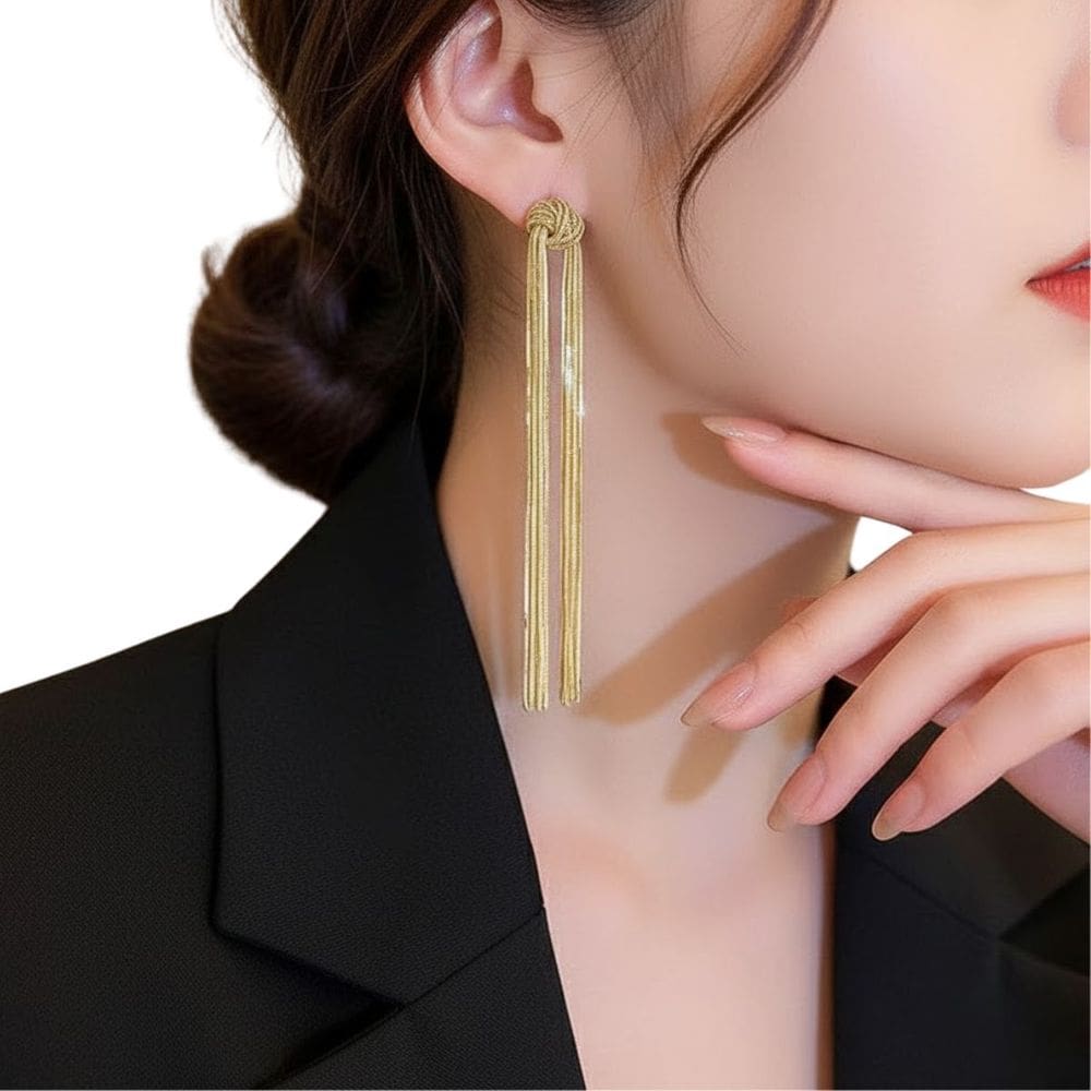 Brinco Longo Nó com Franjas Design Elegante Luxo Festa