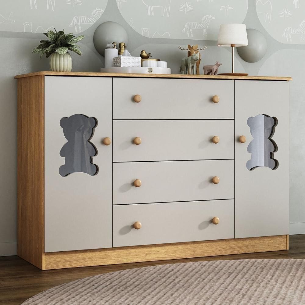 Cômoda Infantil 125cm 2 Portas Com Vidro E 4 Gavetas Teddy Multimóveis Mp4490 Madeirado/off White Madeirado/off White