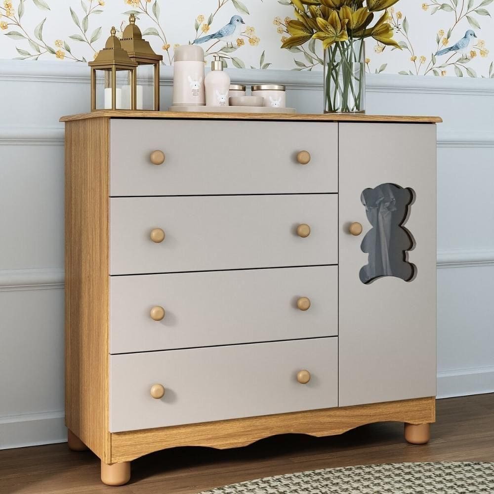 Cômoda Infantil 95cm 1 Porta Com Vidro E 4 Gavetas Ternura Multimóveis Mp4479 Madeirado/off White Madeirado/off White