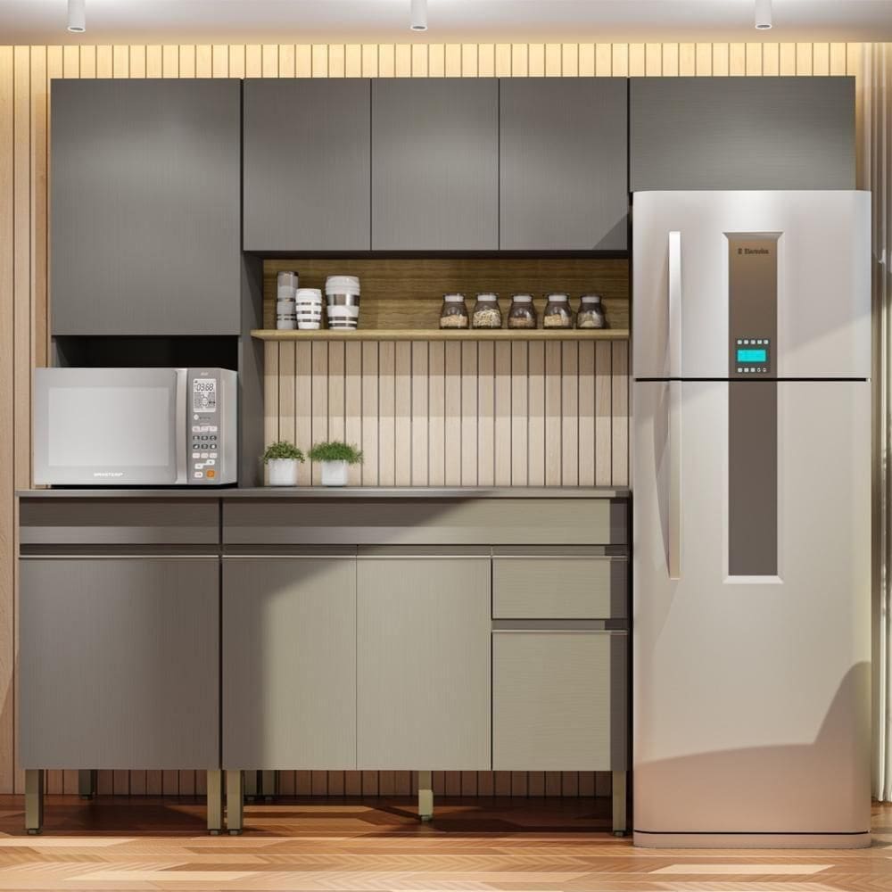 Armário De Cozinha Completa 120 Com Balcão Com Tampo 9 Portas Madrid - Freijó-gris