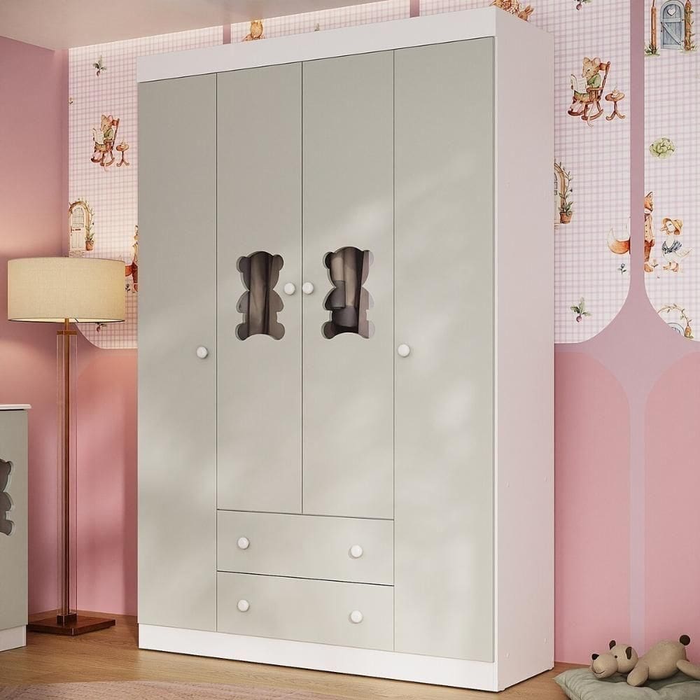 Guarda-roupa Infantil 122cm Com Vidro 4 Portas E 2 Gavetas Teddy Multimóveis Mp4488 Branco/off White Branco/off White