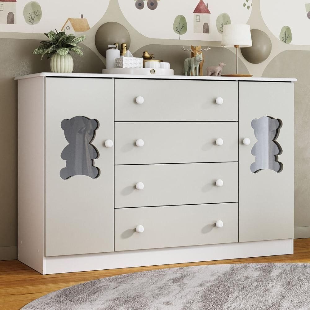 Cômoda Infantil 125cm 2 Portas Com Vidro E 4 Gavetas Teddy Multimóveis Mp4490 Branco/off White Branco/off White