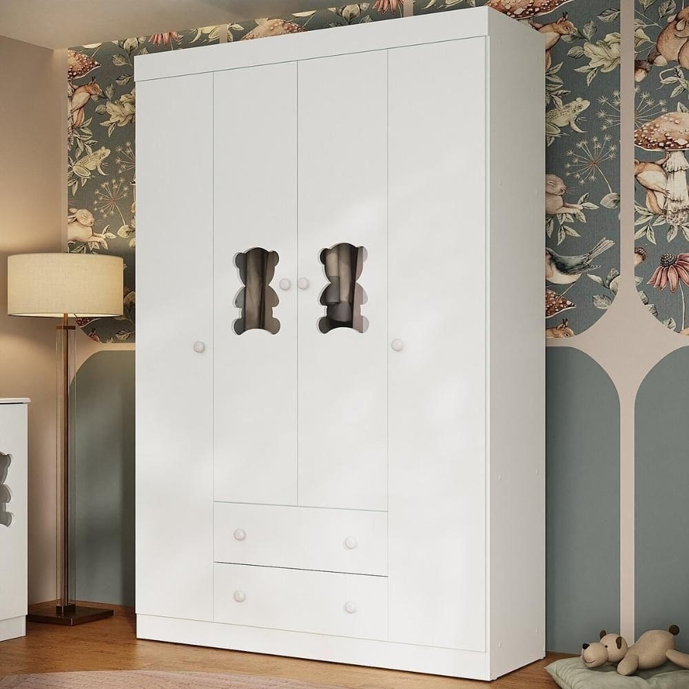 Guarda-roupa Infantil 122cm Com Vidro 4 Portas E 2 Gavetas Teddy Multimóveis Mp4488 Branco Branco