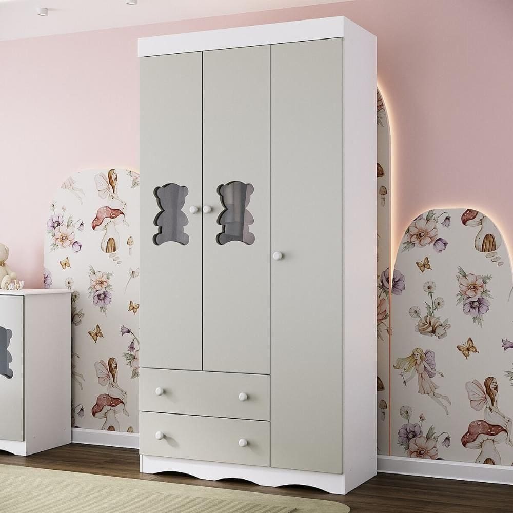 Guarda-roupa Infantil 92cm Com Vidro 3 Portas E 2 Gavetas Doçura Multimóveis Mp4492 Branco/off White Branco/off White