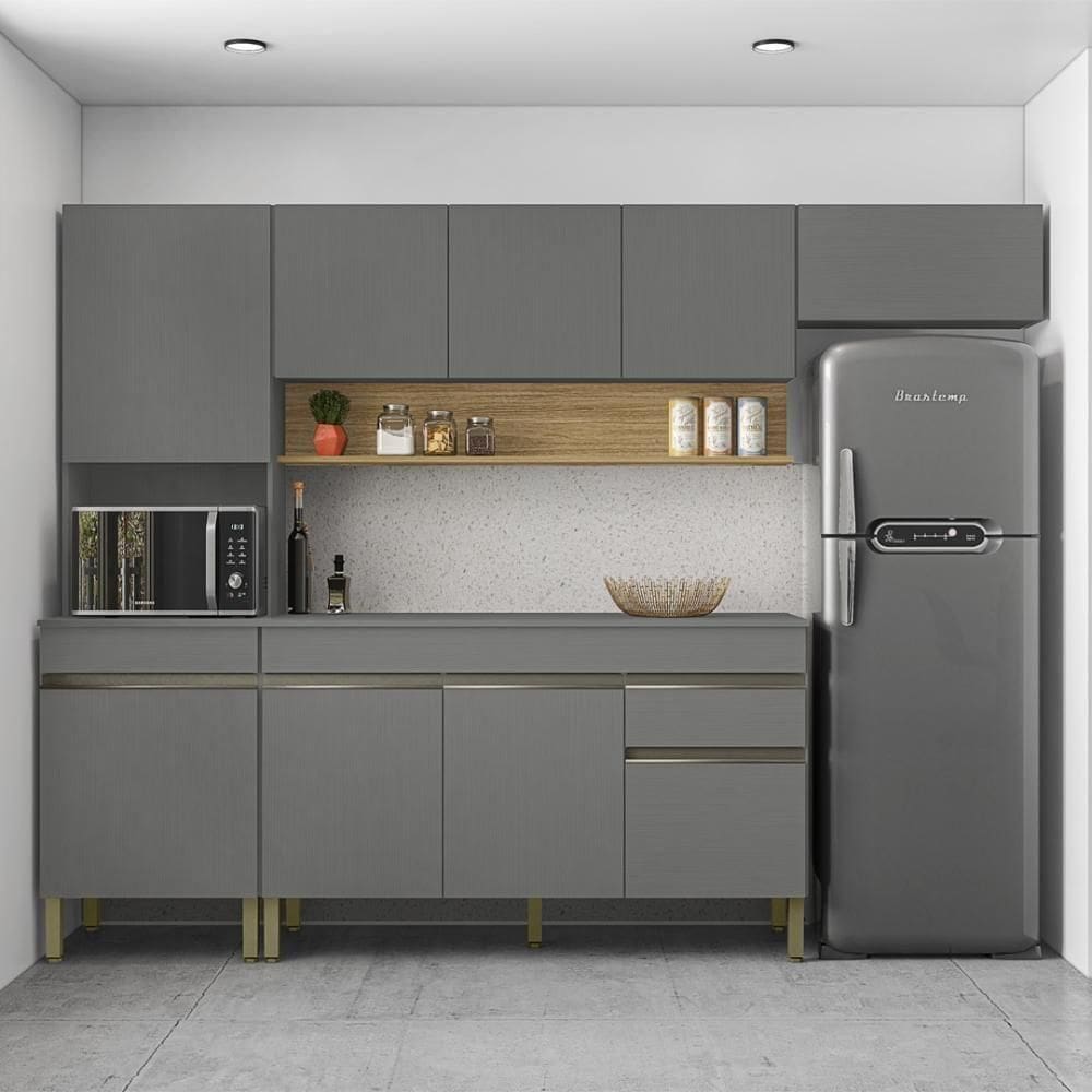 Armário De Cozinha Completa 150 Com Balcão Com Tampo 9 Portas Madrid - Freijó-gris