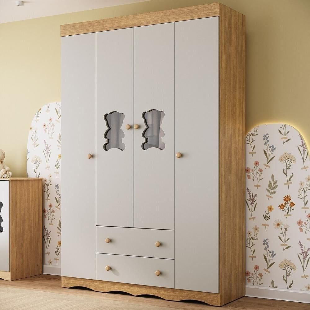 Guarda-roupa Infantil 122cm Com Vidro 4 Portas E 2 Gavetas Doçura Multimóveis Mp4493 Madeirado/off White