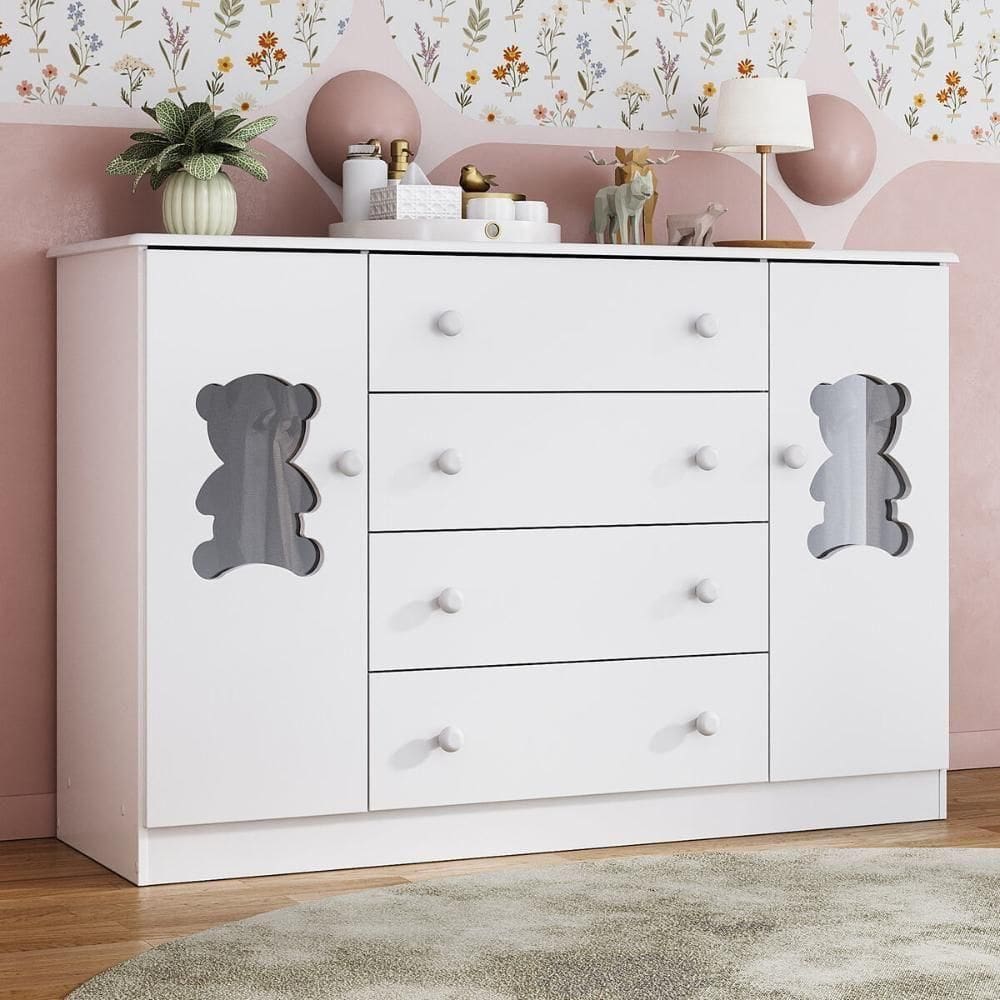 Cômoda Infantil 125cm 2 Portas Com Vidro E 4 Gavetas Teddy Multimóveis Mp4490 Branco Branco