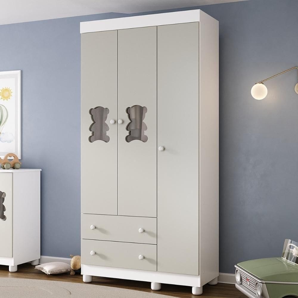 Guarda-roupa Infantil 92cm Com Vidro 3 Portas E 2 Gavetas Fofura Multimóveis Mp4482 Branco/off White Branco/off White
