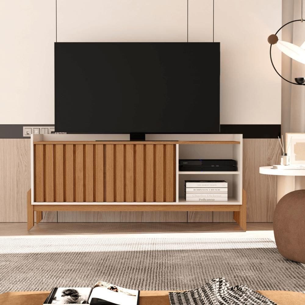 Rack 2 Portas Ripado Para Sala De Estar Nature Off White Freijó