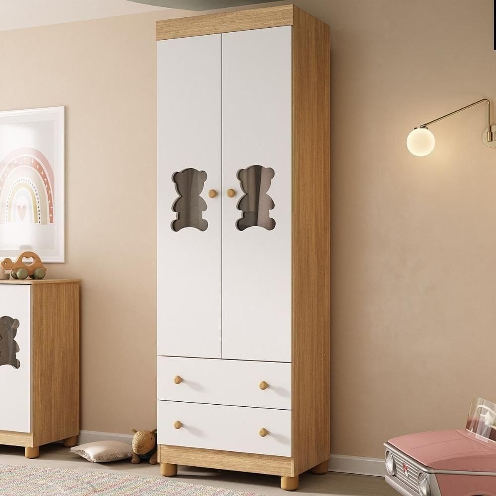 Guarda-roupa Infantil 62cm 2 Portas Com Vidro E 2 Gavetas Fofura Multimóveis Mp4481 Madeirado/branco Madeirado/branco