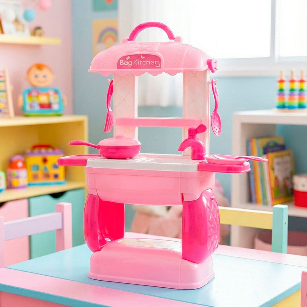 Brinquedo Maleta Cozinha Montada Rosa Infantil Kit 18pç 50cm