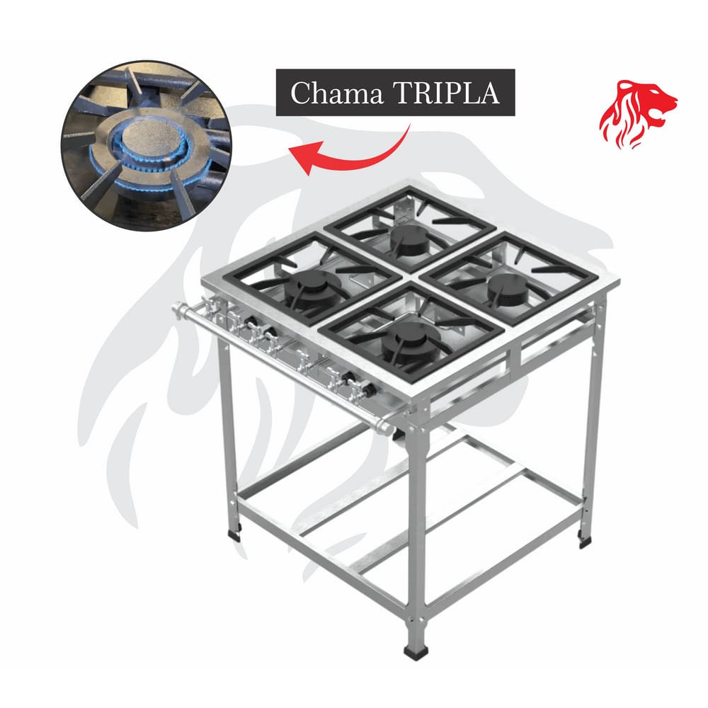 Fogão Industrial 4 Bocas Inox CHAMA TRIPLA(2) c/ Forno Leona