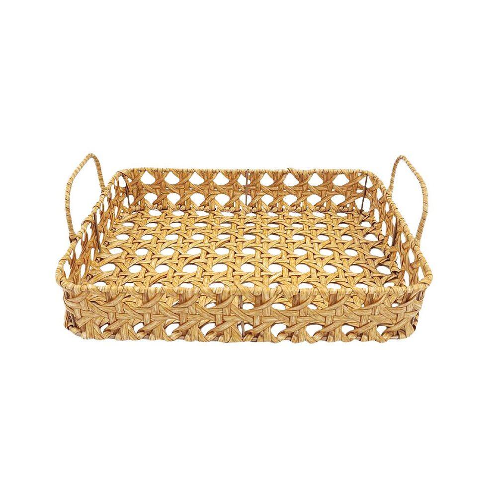 Cesta Retangular com Alça em Palhinha Sintética Bege 28x21cm Estrutura Metal