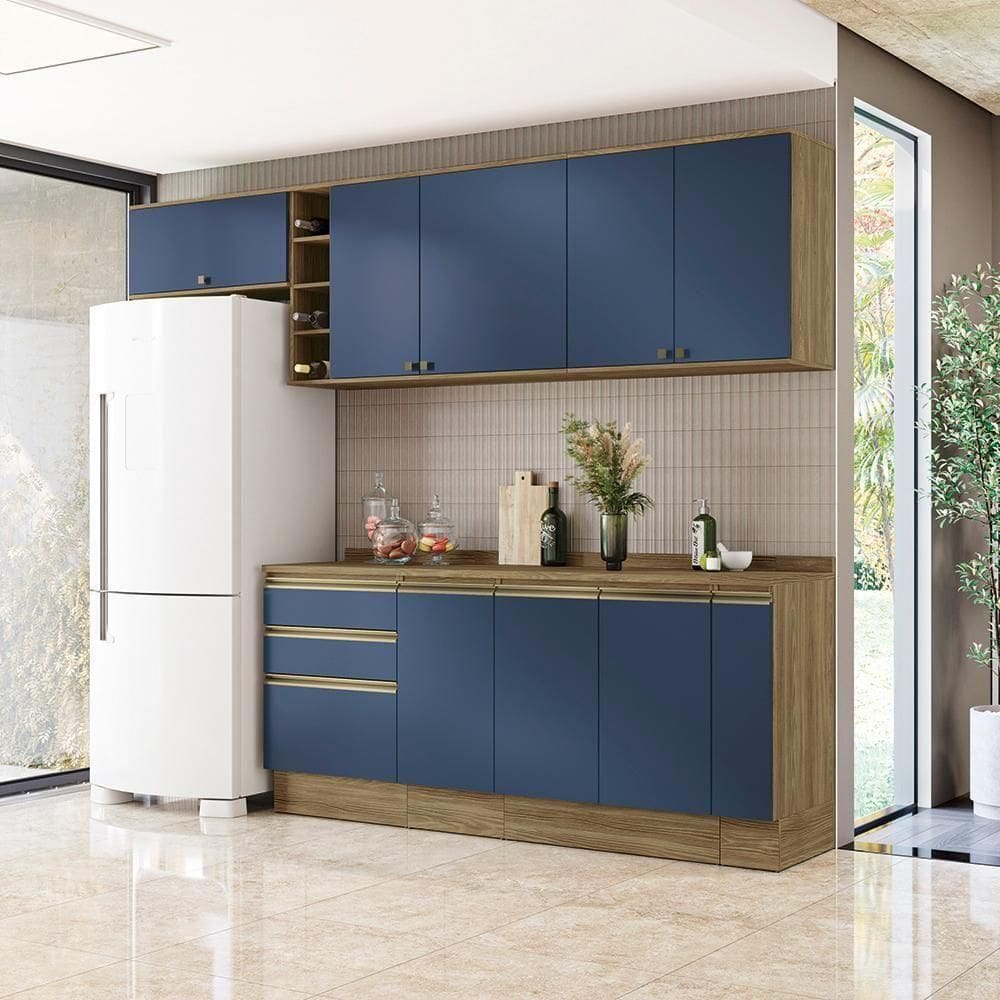 Armário De Cozinha Completa Garrafeiro 100% Mdf 280cm Nogueira/azul Profundo Celeste Kappesberg