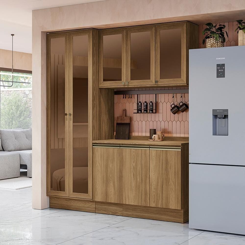 Armário De Cozinha Compacta Com Vidro Reflecta 100% Mdf 192cm Nogueira Celeste Kappesberg