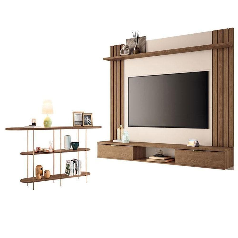 Painel Para Tv Suspenso Solus E Aparador Infinity Castanho Off White - Hb Móveis