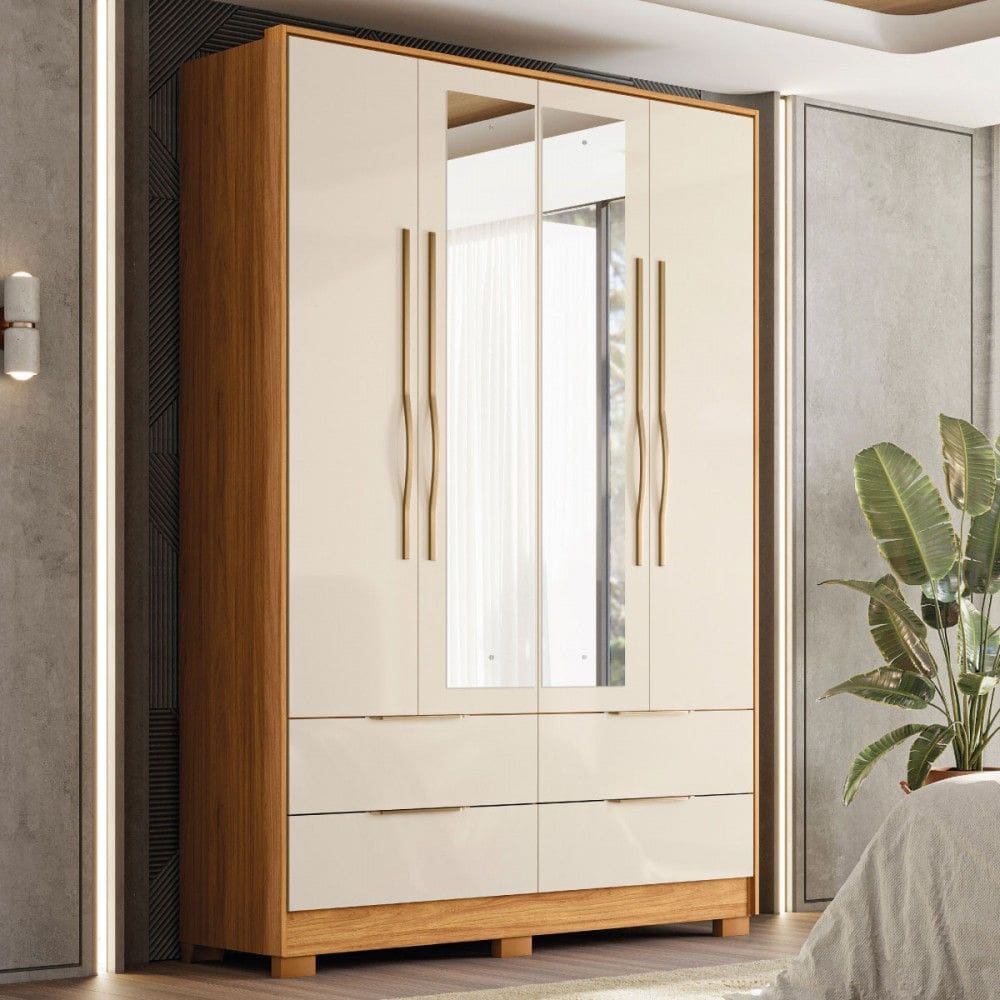Guarda-Roupa Casal Domo 4 Portas 4 Gavetas com Espelho Cinamomo/Off White - Demóbile