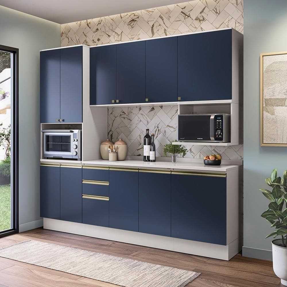 Armário De Cozinha Compacta Nicho Micro-ondas 100% Mdf 250cm Branco/azul Profundo Celeste Kappesberg