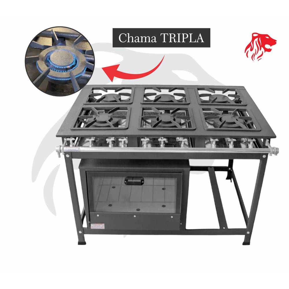 Fogão Industrial 6 Bocas Preto CHAMA TRIPLA(3) c/ Forno Leona