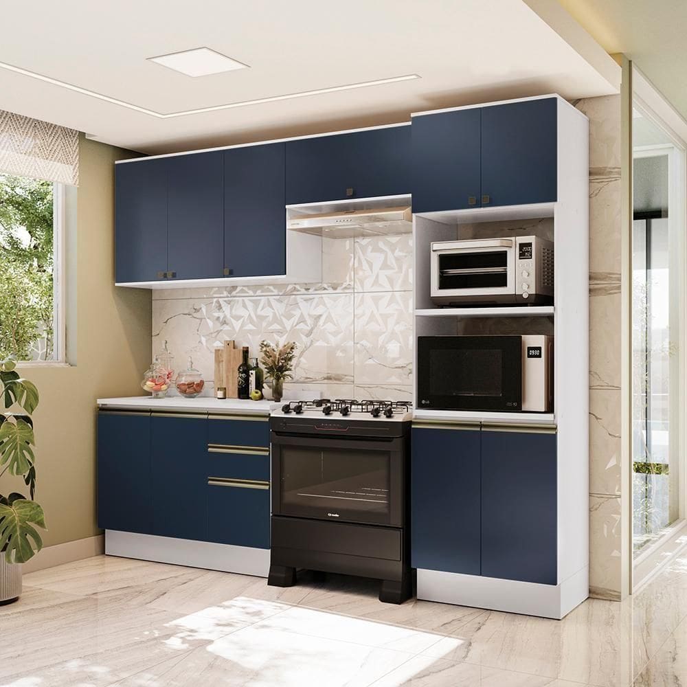 Armário De Cozinha Completa Torre Quente 100% Mdf 270cm Branco/azul Profundo Celeste Kappesberg