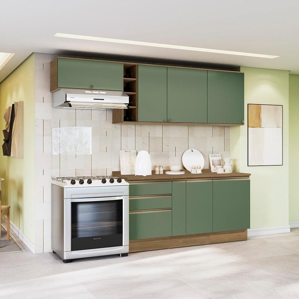 Armário De Cozinha Completa Garrafeiro 100% Mdf 260cm Nogueira/verde Celeste Kappesberg